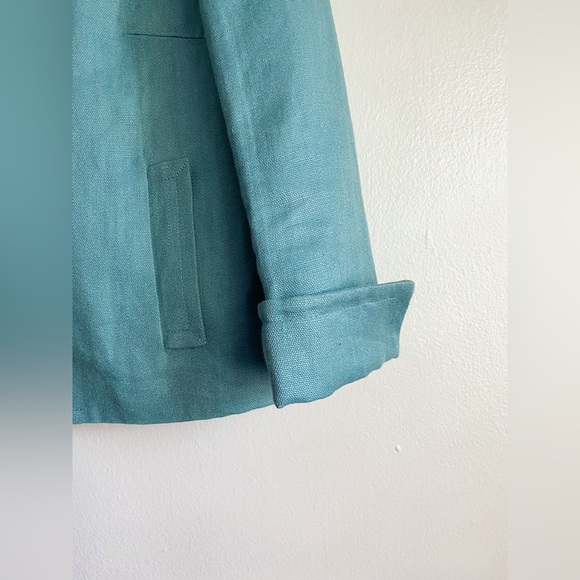 TALBOTS Teal Linen 3/4 Sleeve Blazer Collarless Career Feminine Retro 6 Petite - Picture 11 of 13